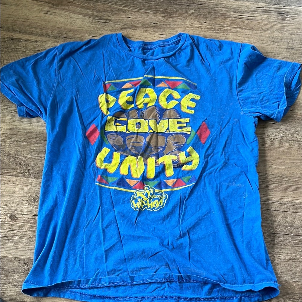 Blue Graphic T-Shirt with Peace Love Unity Design